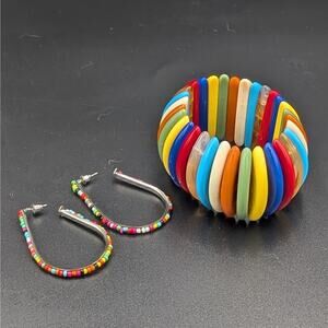 Colorful Stretch Disk Bracelet & Beaded Hoop Earrings Set Bold Multicolor